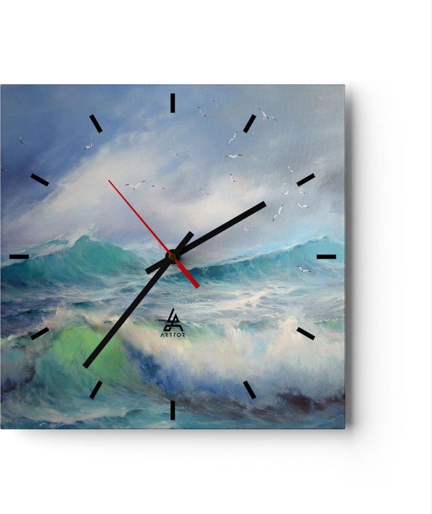 Wanduhr - Quadrat - Glasuhr - Meer Welle Möwe - 30x30cm - Schleichendes Uhrwerk - Lautlos - zum Aufhängen bereit - Dekoration Modern - Wanddekora...