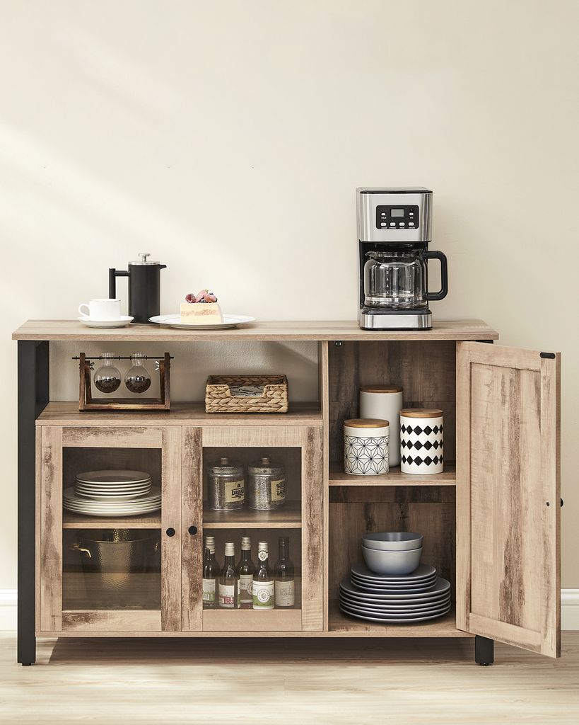 A wooden buffet cabinet with various items displayed on and inside it.