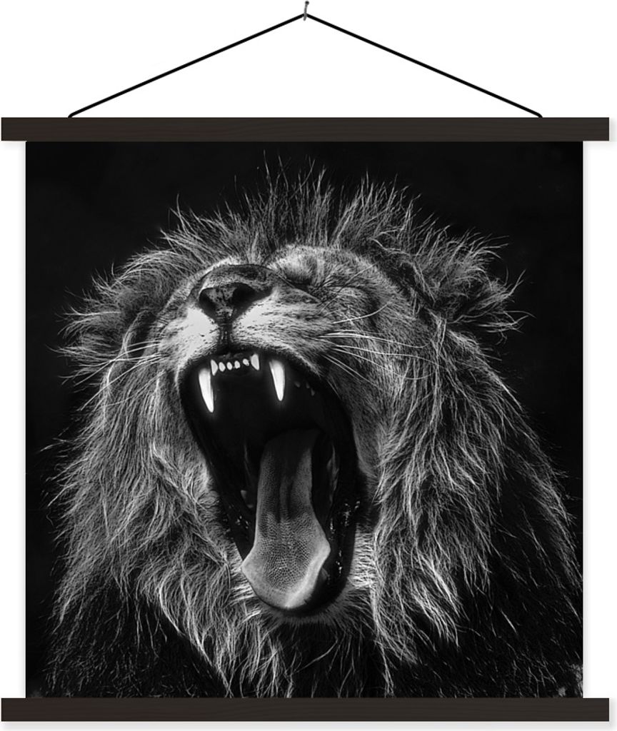 MuchoWow Textilposter Löwen - Profil - Schwarz - Weiß 120x120 cm mit schwarzem Rahmen - Aufhängungsset