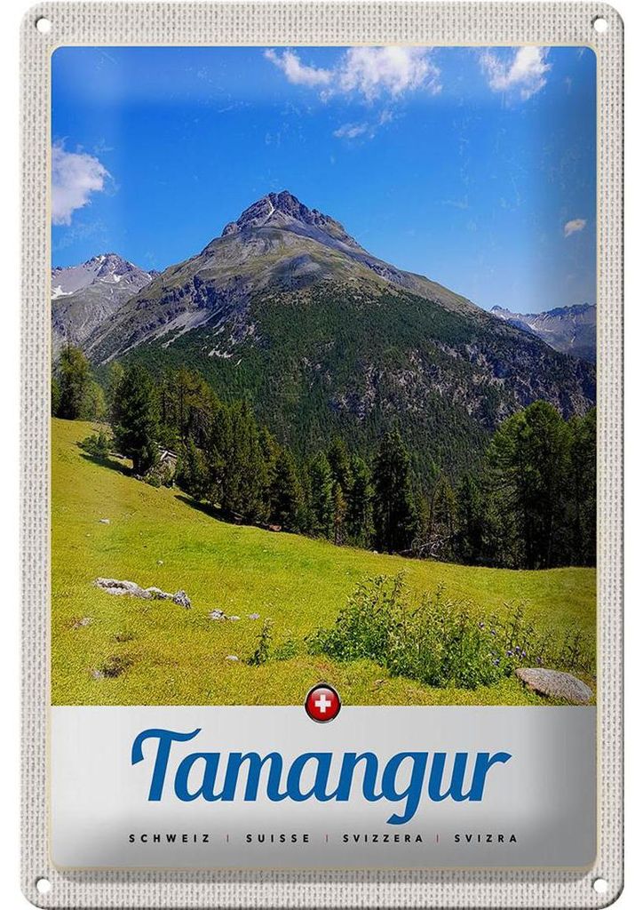 Blechschild Reise 20x30cm Tamangur Schweiz Gebirge Wald Natur