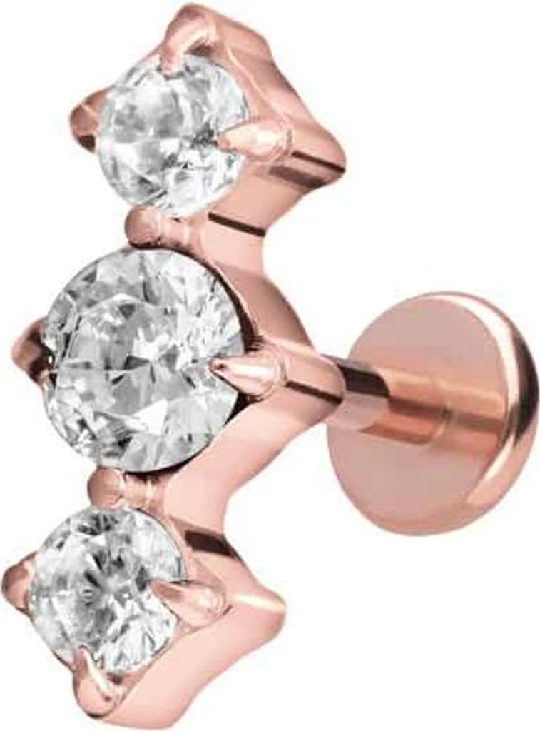 Ohrpiercing, Nasenpiercing Titan Labret mit Push Fit 3 EINGEFASSTE KRISTALLE RoséGold Stablänge: 5mm | Stabstärke: 1mm