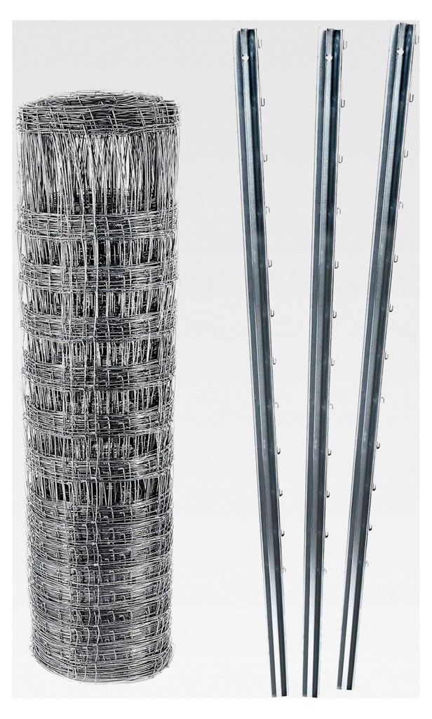 Wildzaun Komplettset I 50m Knotengeflecht Zaun 200/22/15 Schwere Ausführung und 15 Zaunpfähle 2,5m I Weidezaun inkl. Zaunpfosten für Forst- und ...