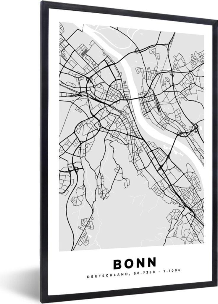 MuchoWow Gerahmtes Poster Deutschland - Stadtplan - Bonn - Karte 60x90 cm - Poster mit Schwarzem Bilderrahmen Wandposter Rahmen Foto Bilder - Kunst