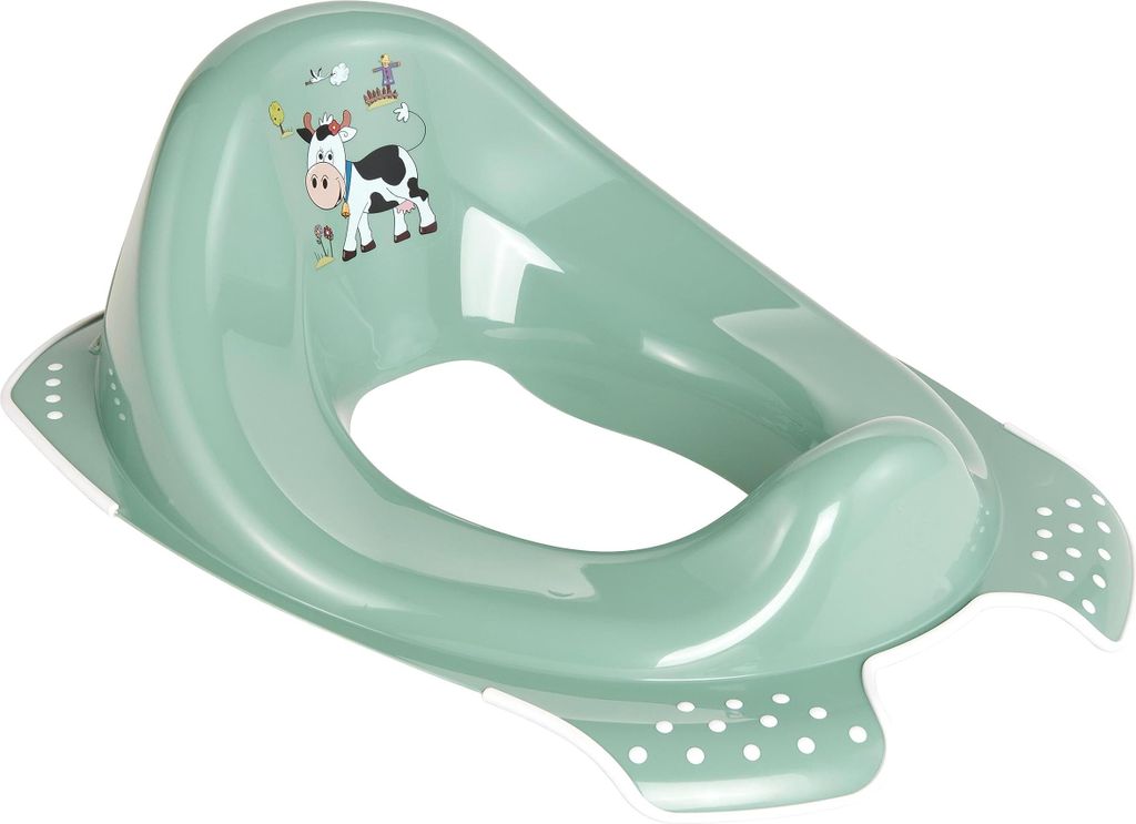 A child's toilet seat with a cow graphic.
