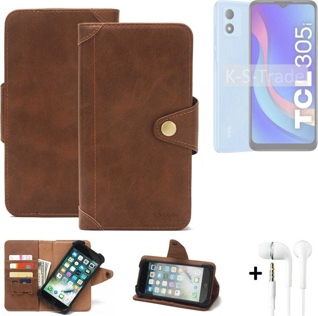 K-S-Trade Handyhülle + Kopfhörer kompatibel mit TCL 305i Schutz Hülle Walletcase Bookstyle Tasche Case Handytasche Wallet Flipcase Cover Polyure...
