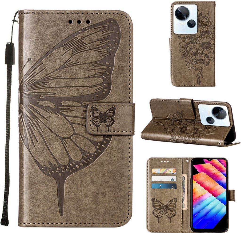 Lederhülle für Tecno Spark 10 5G Schmetterling Prägung Flip Ledertasche Kartenfächer Handyhülle mit Ständer Grau