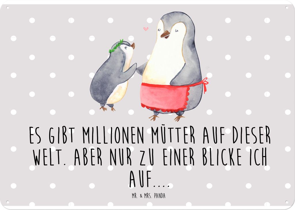 Mr. & Mrs. Panda tafel Pinguin mit Kind DIN A4 - Grau Pastell - Geschenk, Vorbild Mama, Türschild, Muttertag, Schild, Mutter, Retro Blechschild, W...