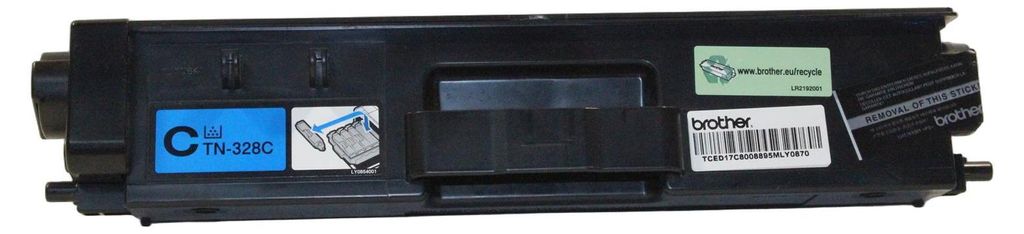 A Brother TN-328C Cyan toner cartridge is shown against a white background.