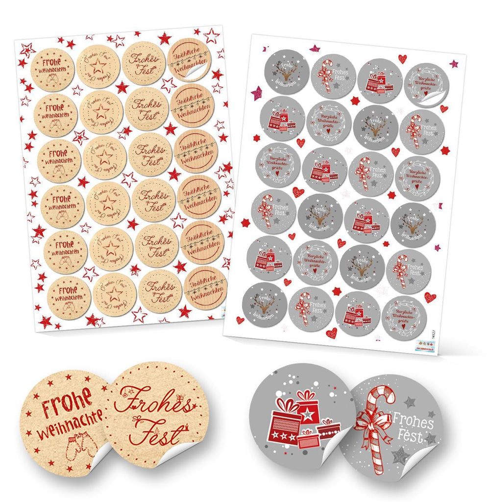 SET 2 x 24 FROHE WEIHNACHTEN Aufkleber Verpackung Zukleben von Papiertüten Geschenktüten weihnachtlich Deko Geschenkaufkleber rot grau natur wei...
