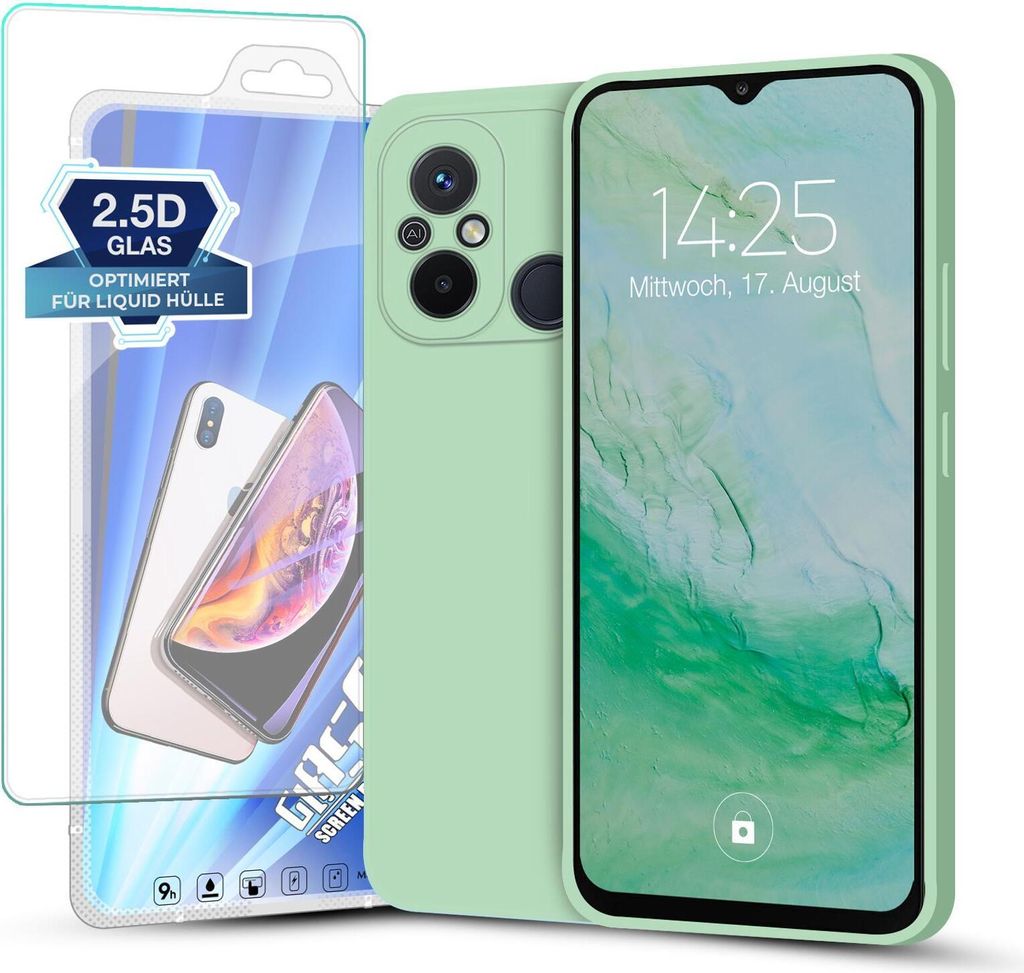 Hülle für Xiaomi Redmi 12C mit 9H Displayglas Displayschutz Plus Case Cover Bumper Silikon Softgrip Schutzhülle Farbe: Türkis
