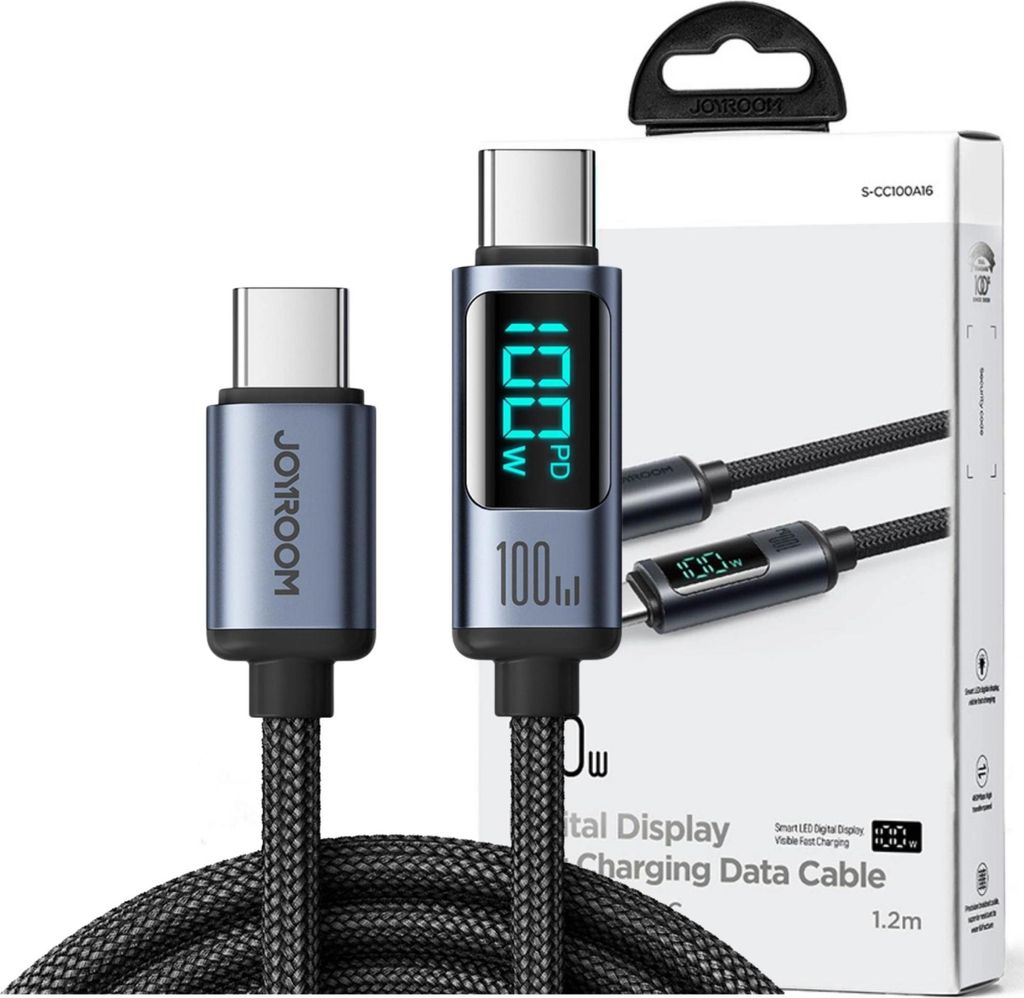 Product packaging with two USB-C cables, one with a digital display showing power output.