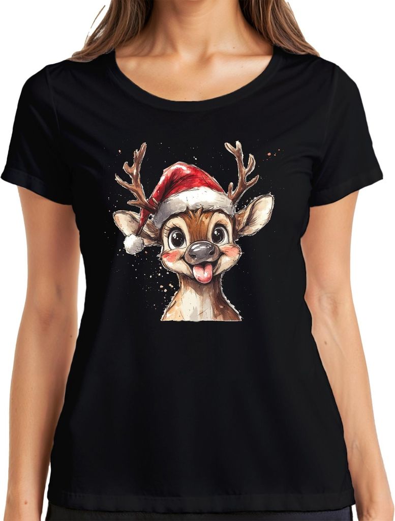 Weihnachtsrentier Lustig Zunge Niedlich Kinder Geschenk Cartoon Damen T-Shirt, Schwarz, S