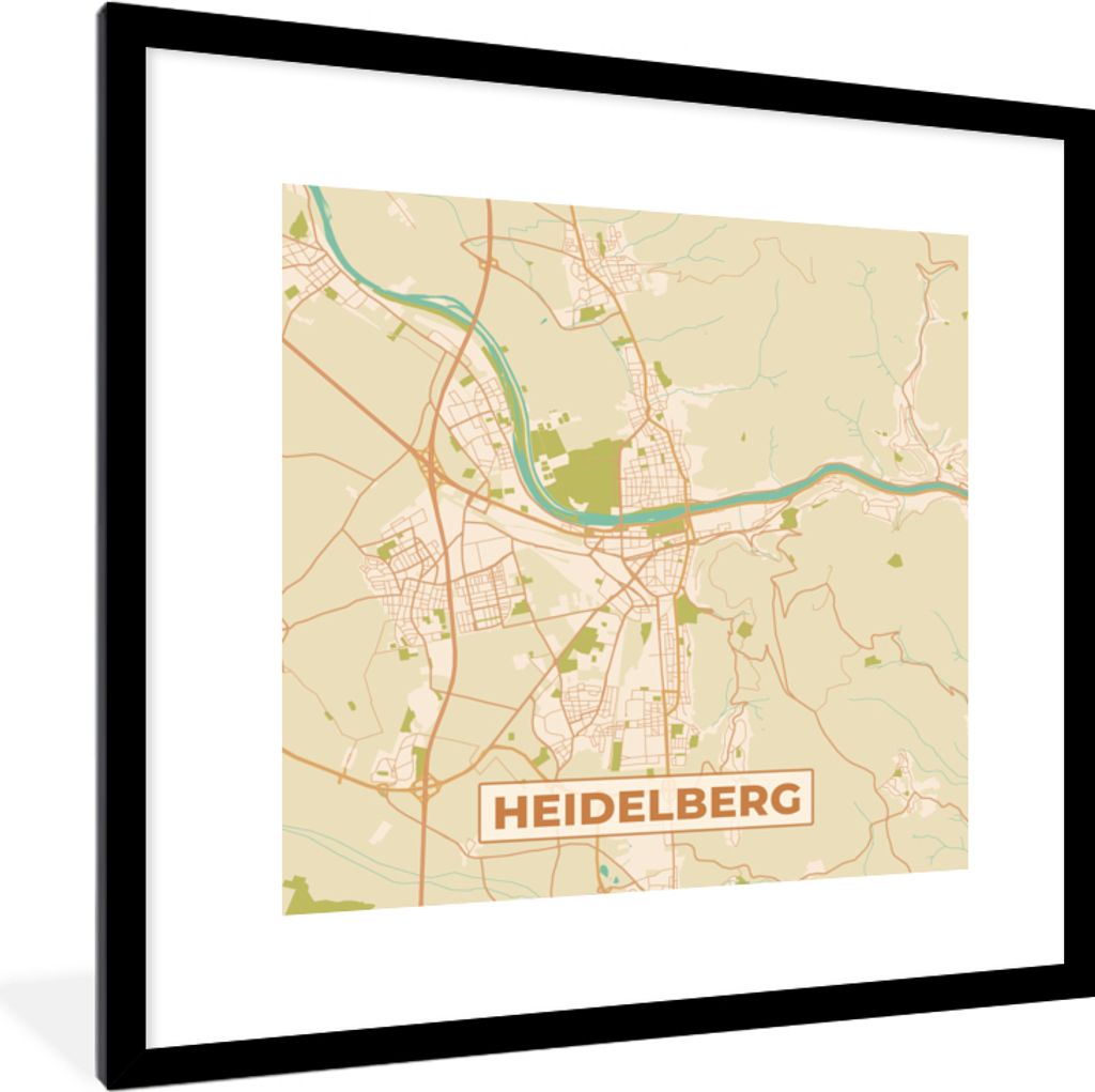 MuchoWow Gerahmtes Poster Stadtplan - Heidelberg - Stadtplan - Vintage 40x40 cm - Poster mit Schwarzem Bilderrahmen Wandposter Rahmen Foto Bilder...