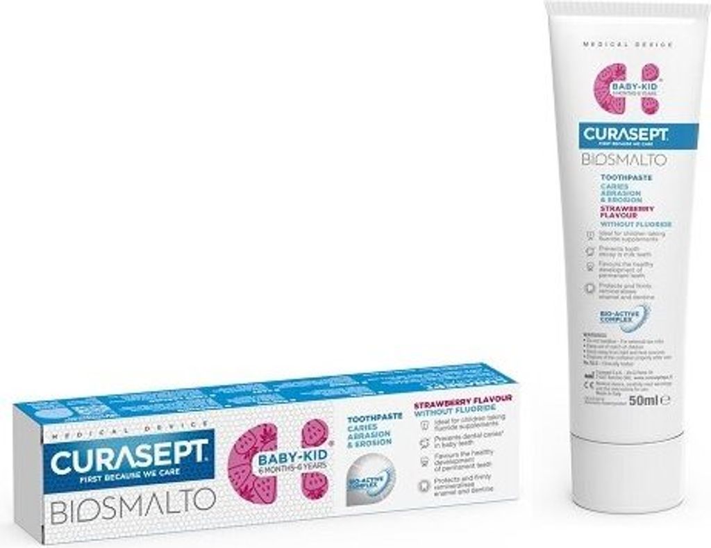 Curasept BIOSMALTO Baby-Kid Kinderzahnpasta ohne Fluorid bis 6 Jahre Erdbeere, 50 ml