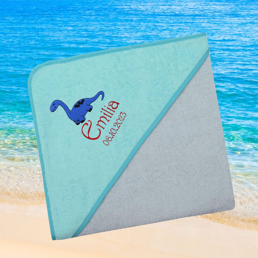 Kapuzenhandtuch für Babys/unisex, türkis-grau, Größe ca. 100 x 100 cm, Motiv Blaues Dino, Frottee in Baumwolle, bestickt personalisierbar mit N...