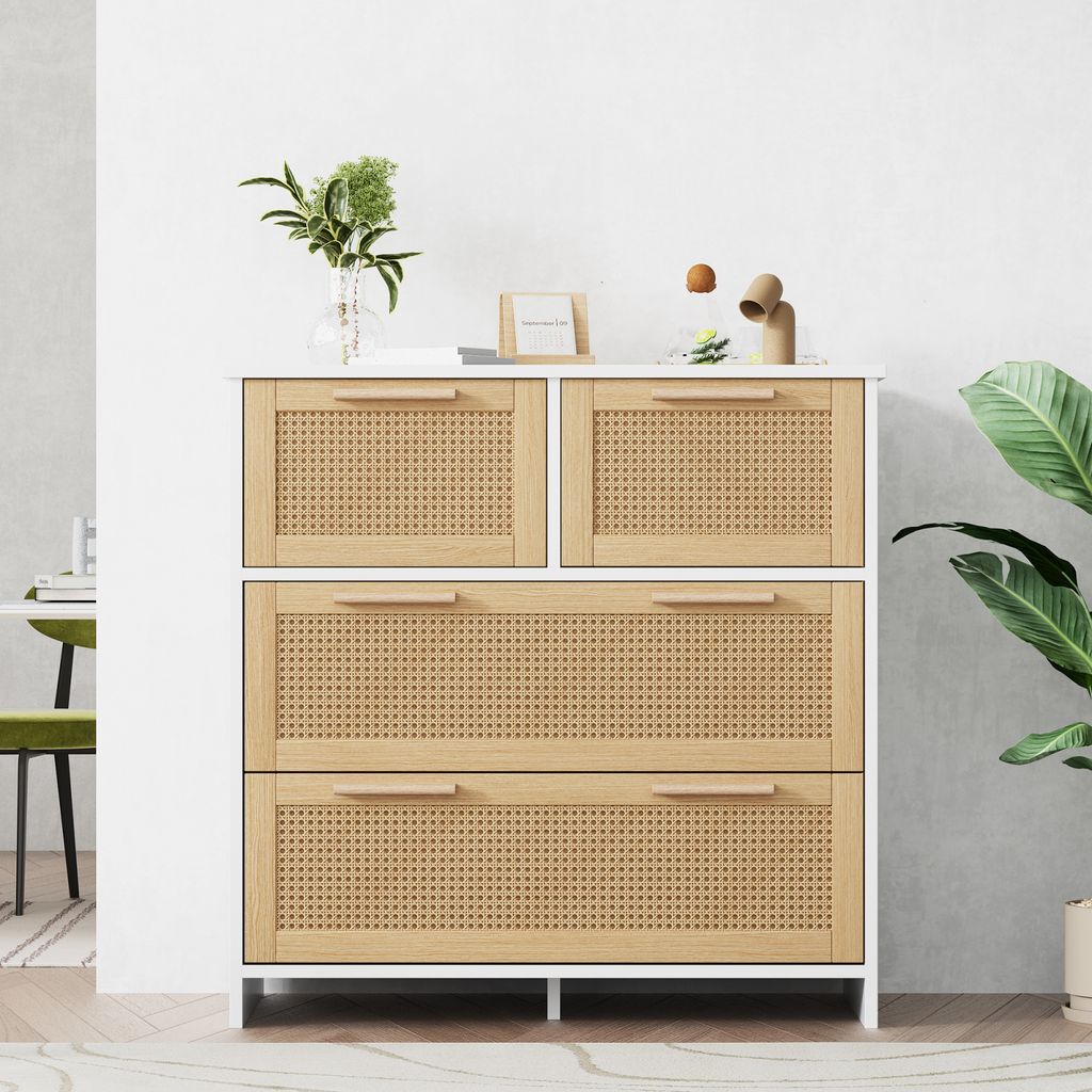 Fortuna Lai Kommode, Sideboard mit 4 Schubladen und Massivholzgriffen Rattan - Geeignet für Schlafzimmer, Wohnzimmer, Esszimmer, Flur, Weiß, B80/...