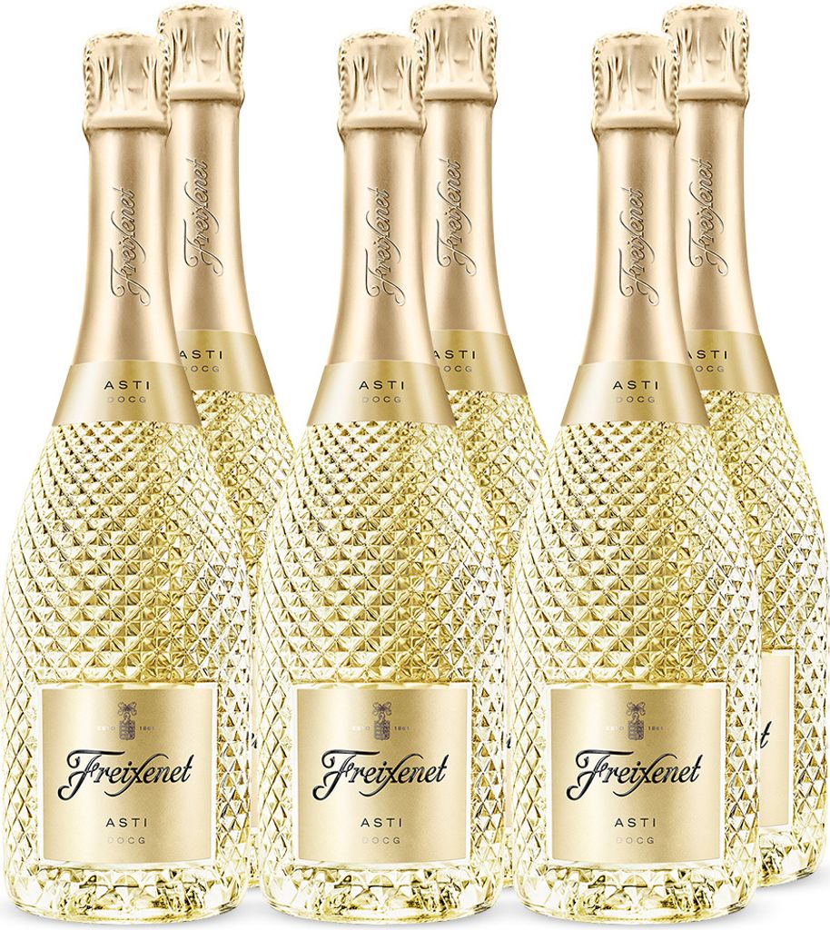 Freixenet Asti D.O.C.G. aus Piemont, Italien (6x0,75l) Süßer Schaumwein in edler Schmuckflasche mit Diamantoptik - Naturkorken - Moscato Bianco