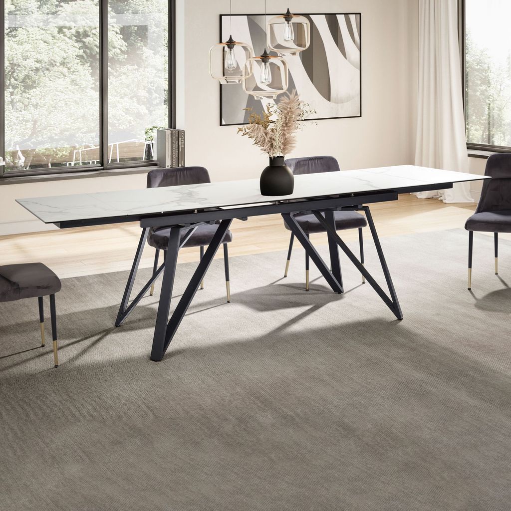 WOHNLING Esszimmertisch 180 260 cm Ausziehbar Keramik Glas Weiß Keramiktisch Marmor-Optik Groß Designer Küchentisch Rechteckig Esstisch Extravagant