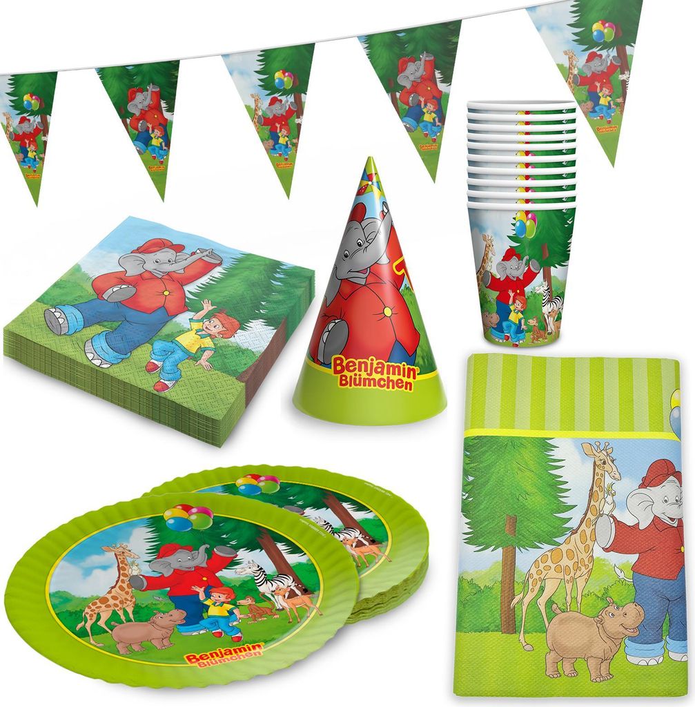 Benjamin Blümchen Partyset 52-tlg – Geschirr, Servietten, Deko & 10 Partyhüte