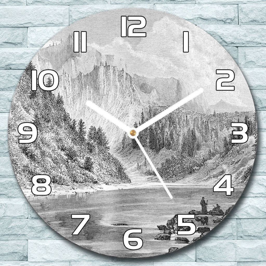 Wanduhr aus Glas Rund fi 30 Gezeichnete Berge Quarz Deko Schlafzimmer Büro