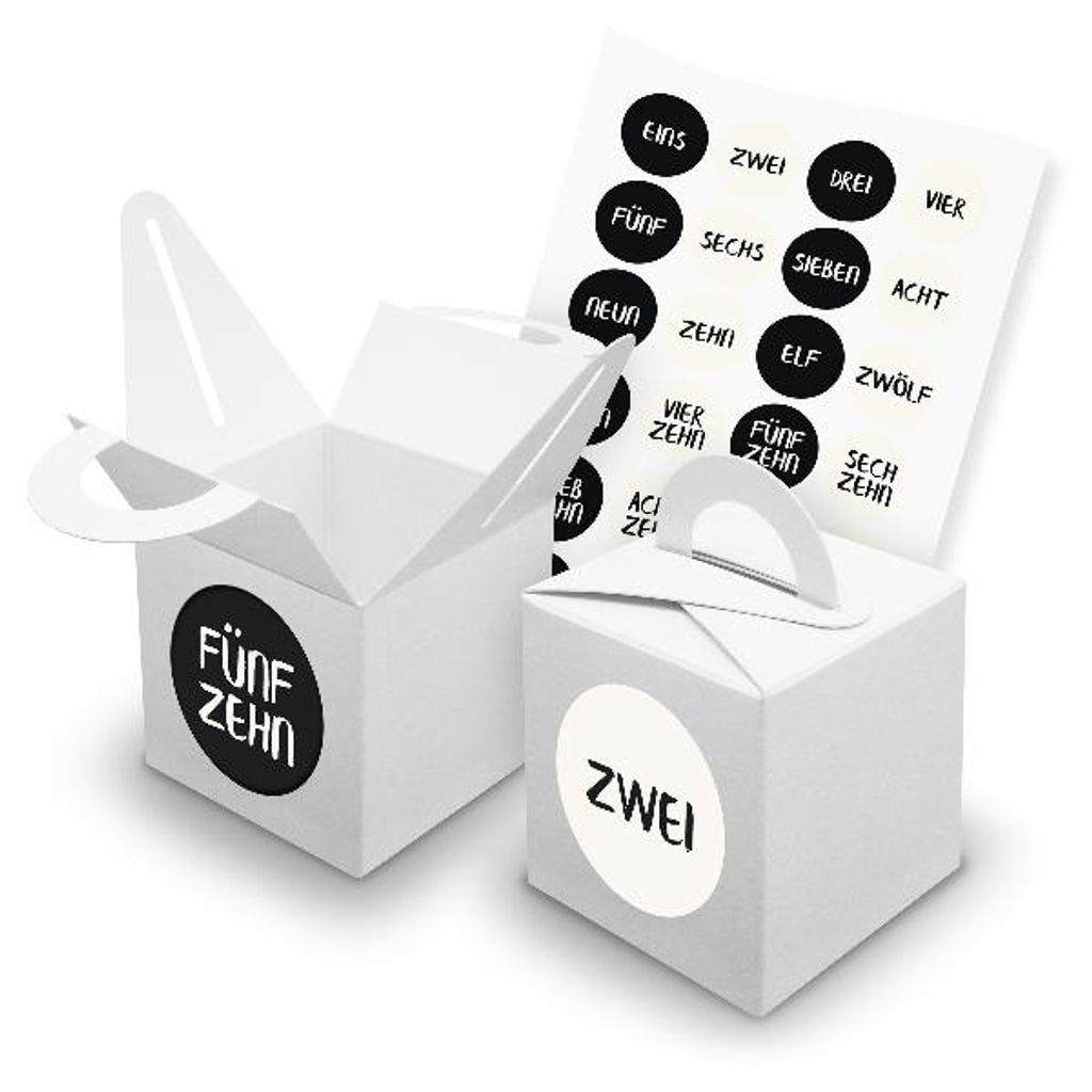 itenga SET V42 Adventskalender Würfelbox mit Griff Weiß + Zahlensticker Z23