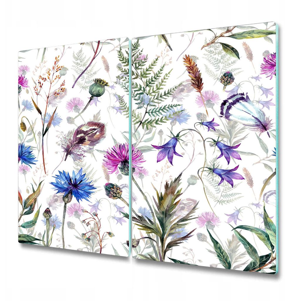 Küchenteller - Schneidebrett Glas - Herdabdeckung -Feldblumen grün lila