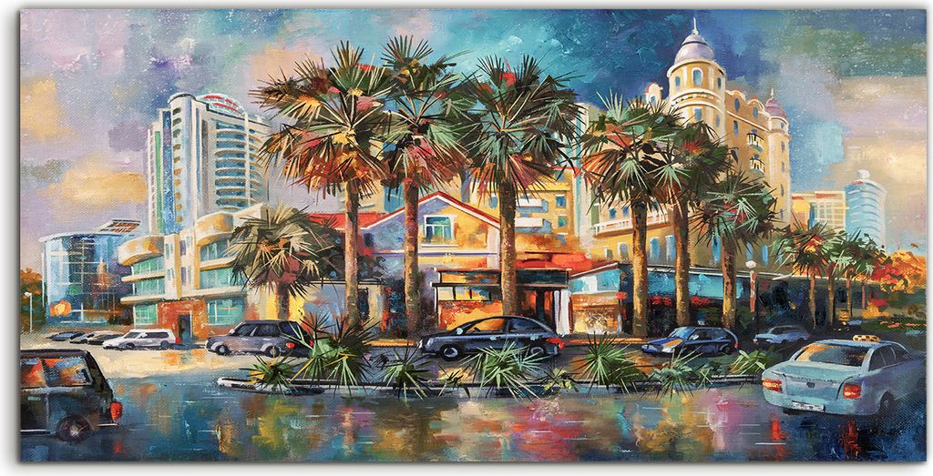 Coloray Acrylbild 100x50 Wandbild Acrylbilder Deko Sochi Stadt Palme Straße Autos