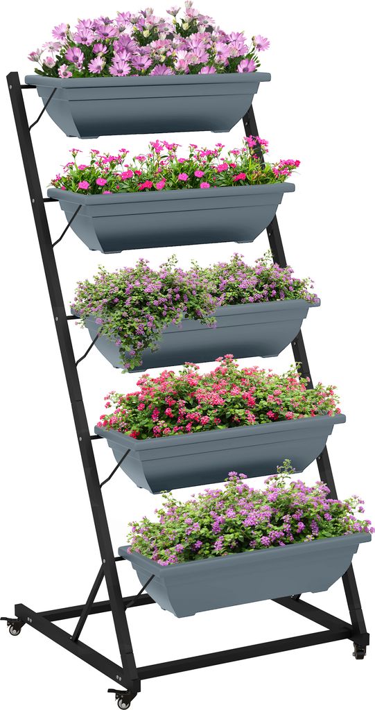 Outsunny Pflanzenständer, Blumenständer mit 5 Etagen, Pflanzenregal mit Rollen, Blumenregal mit Löchern Pflanzentreppe für Garten, Stahl, Grau,...