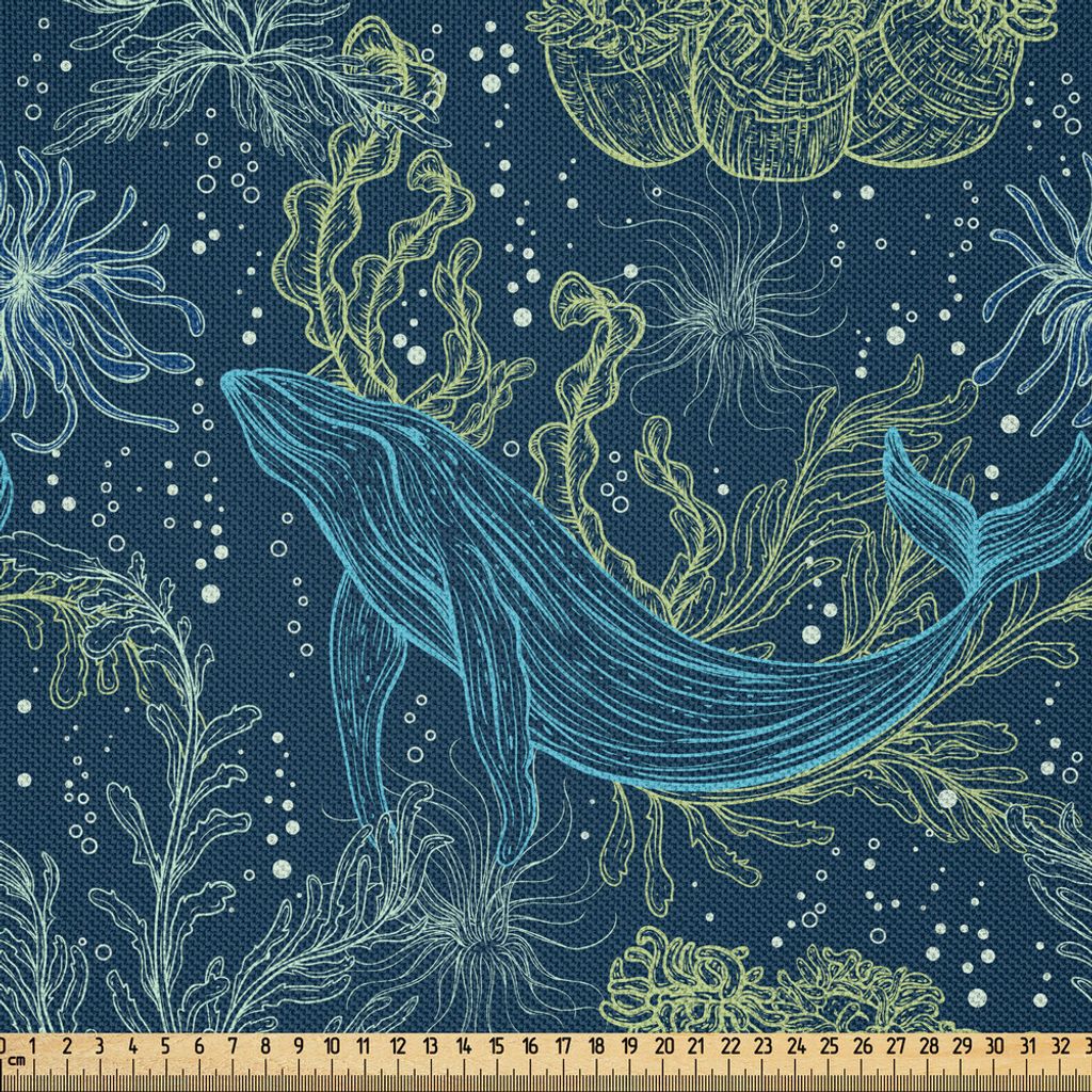 ABAKUHAUS Wal Satin Stoff als Meterware, Hand gezeichnete Meeresfauna und Flora skizzieren abstrakte Meerespflanzen und Wale, 3 M (148 x 300 cm), I...