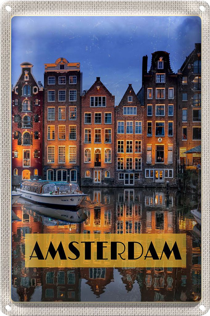 Blechschild Reise 20x30cm Amsterdam bei Nacht Reiseziel