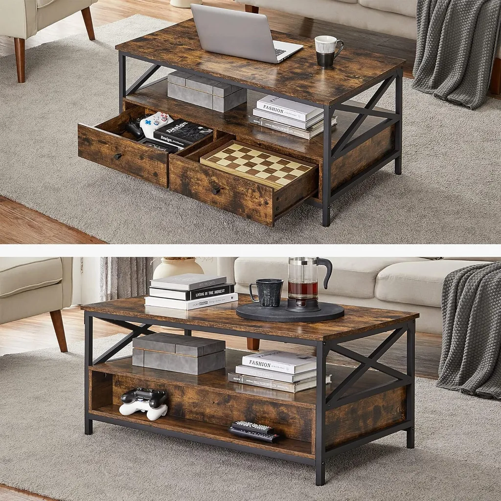 Table Basse avec Tréteaux en X et Double Tiroir de Rangement 100cm - 10