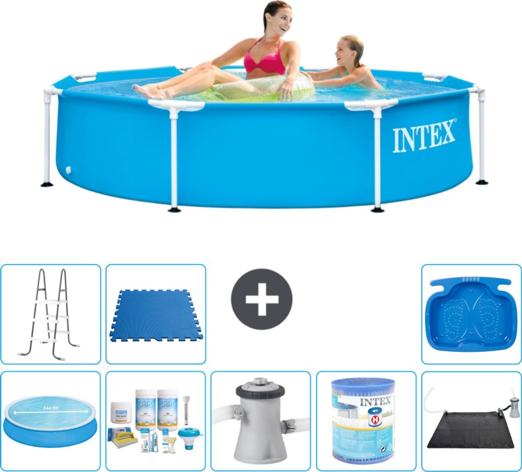 Intex-Schwimmbecken mit rundem Rahmen – 244 x 51 cm – Blau – im Lieferumfang enthalten Sonnensegel - Wartungspaket - Filterpumpe für Schwimm...