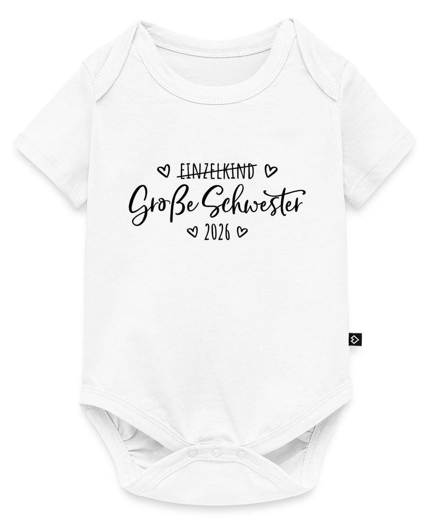 Spreadshirt Große Schwester 2026 Einzelkind Ende Herz Kurzarm Tages Baby Body, 62 (2-3 M.), Weiß