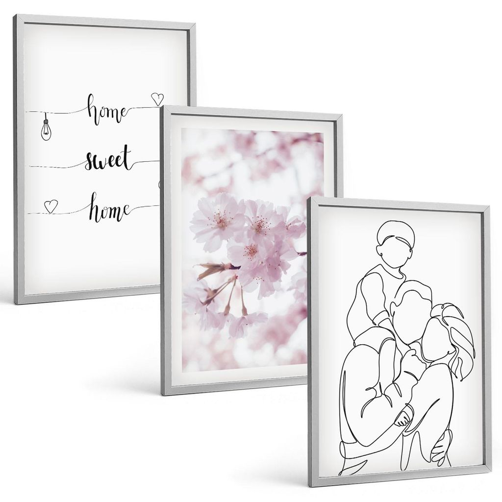 Bilder Set 3-teilig im silbergerahmten Rahmen – Wandbilder 3 Stück – gerahmte Poster für Wohnzimmer, Schlafzimmer und Flur – 40x60 cm – B...