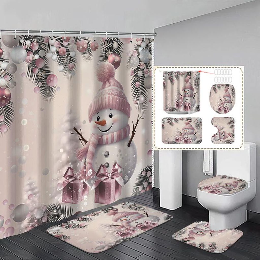Weihnachtliches Duschvorhang-Set fürs Badezimmer, 4-teilig: Duschvorhang, rutschfeste Badematte, WC-Deckel und Badematte