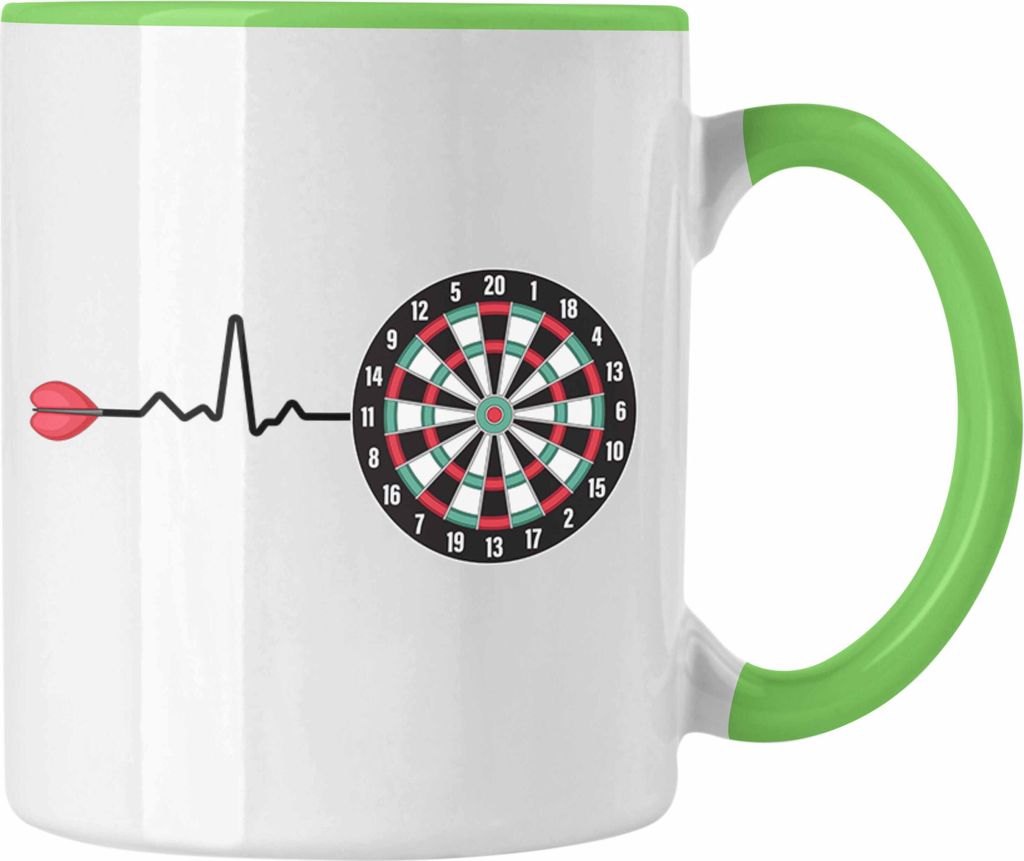 Trendation - Dart Herzschlag Geschenk Tasse Kaffeetasse Dartspieler Geschenkidee Darts Geschenke für Männer Frauen (Grün)