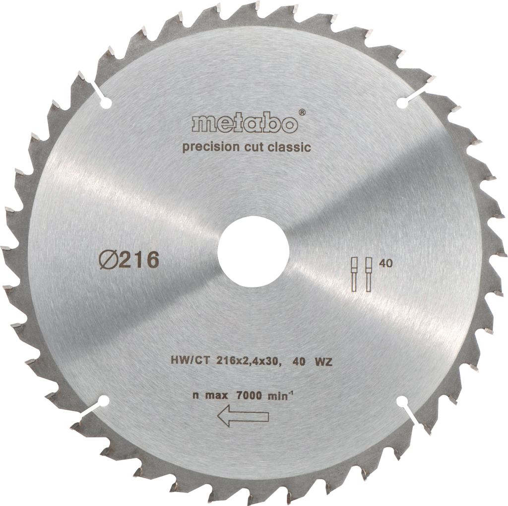 A close-up, front-facing view of a circular saw blade.