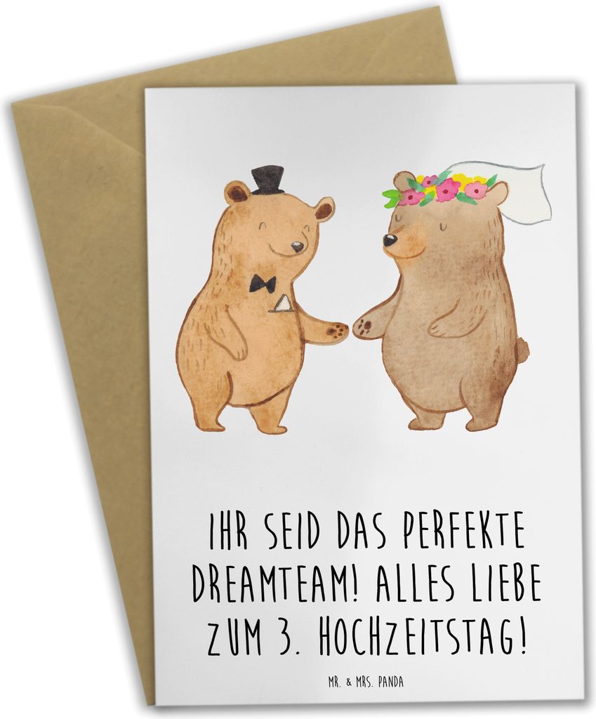 Mr. & Mrs. Panda Grußkarte 3. Hochzeitstag Lederhochzeit Dreamteam - Weiß - Geschenk, hochzeitskarten, valentinstagskarte, osterkarte, einladungs...