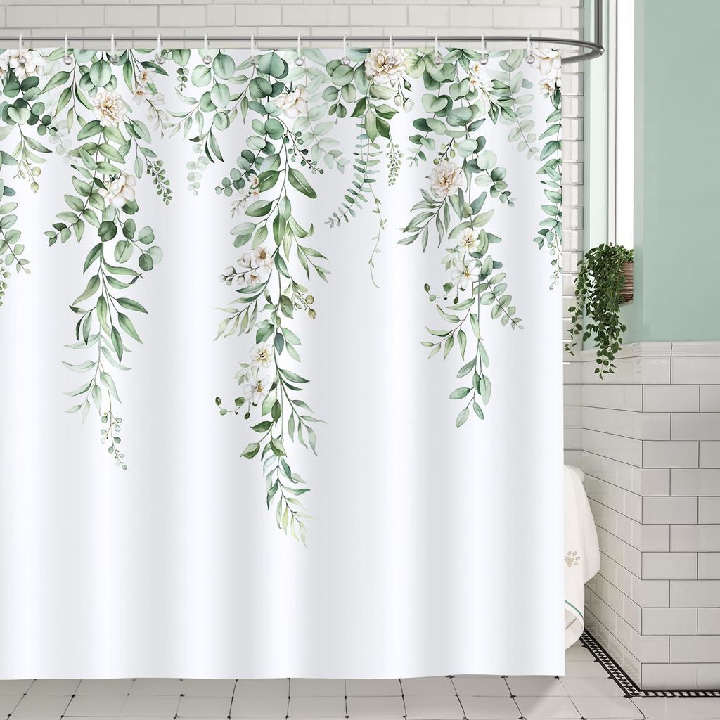 Duschvorhang mit Eukalyptusblättern, grünem Pflanzen- und Blumenmuster, 180 x 180 cm, schimmelresistent, wasserdicht, Polyestergewebe, waschbar, ...