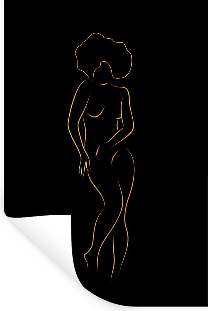 MuchoWow Wandtattoo Wandsticker Wandaufkleber Frau - Gold - Schwarz - Strichzeichnung 20x30 cm Selbstklebend und Repositionierbar - Sticker - Dek...