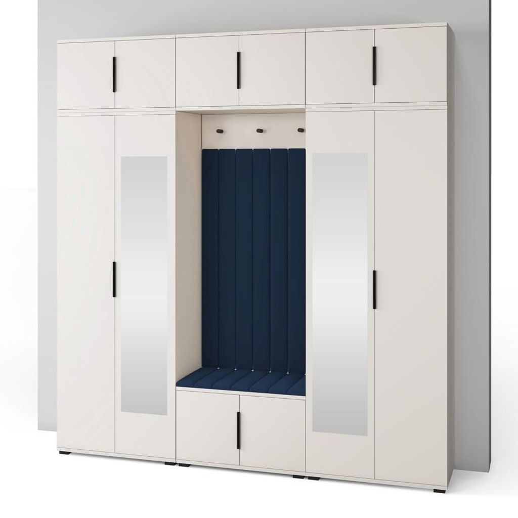 Garderoben-Set Napoli Version 12: Kleiderschrank mit Polsterpaneelen, Schuhschrank und Schrankaufsatz Flur und Eingangsbereich (Cashmere/Trinity 30)