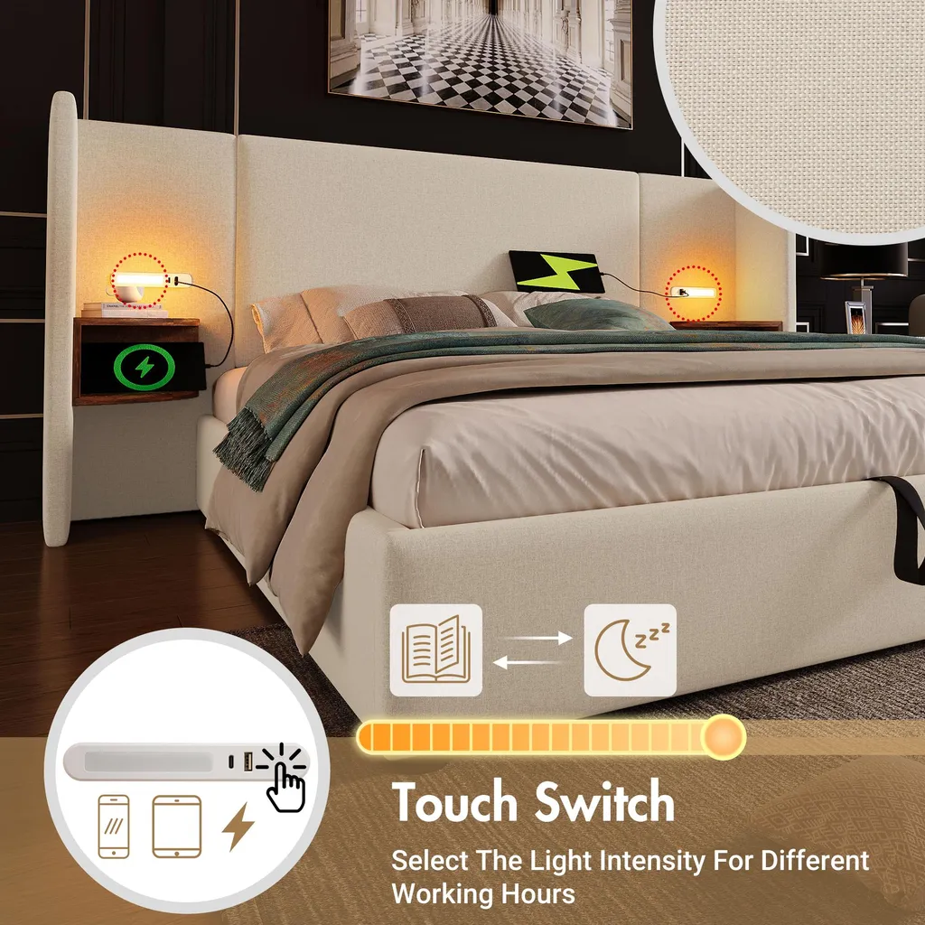 MODFU Lit coffre 180x200 cm - Lit double avec charge USB et Lampe - Beige - 6