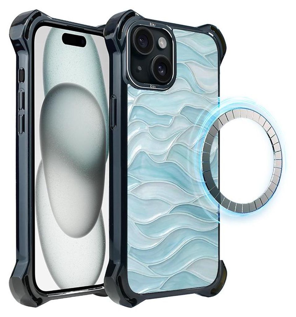 Schutzhülle für das iPhone 15, MagSafe-kompatibel, verstärkte Ecken, schwarz, blaue Wellen