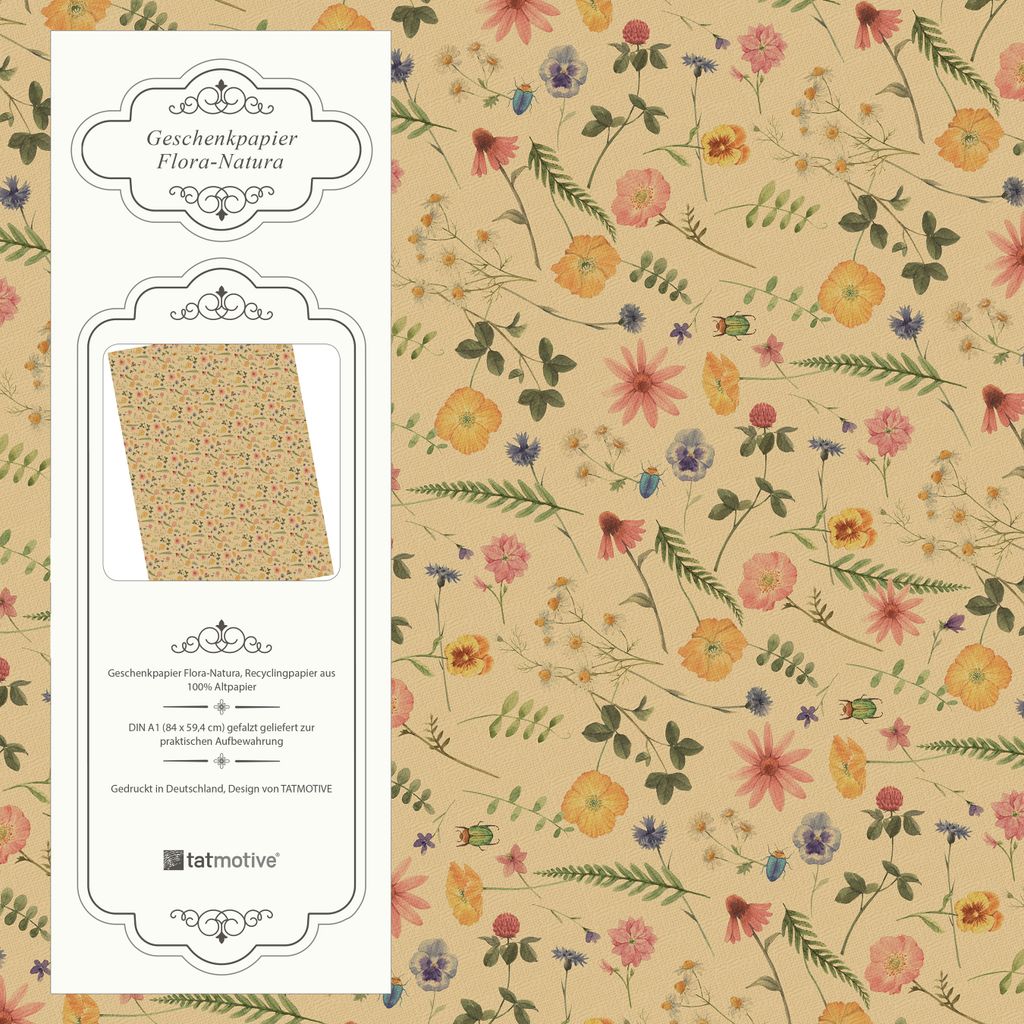 Flora Natur Geschenkpapier Geburtstag Blumen floral 50 Bogen 84 x 59 cm, Öko Recycling Papier nachhaltig Vintage Frauen