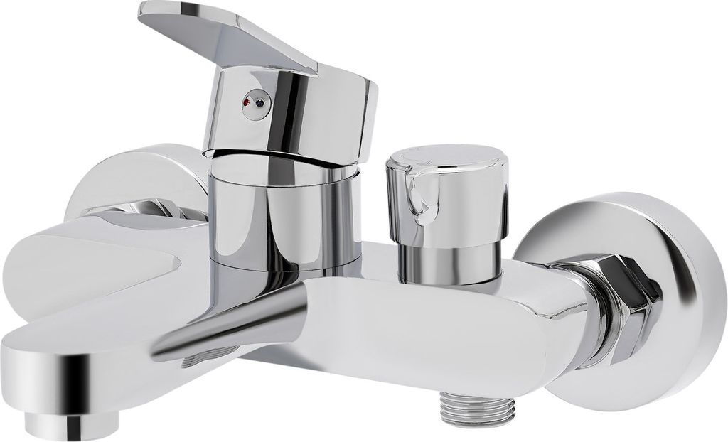 A chrome-plated bathroom faucet with a single lever and a separate knob for temperature control, mounted on a white background.