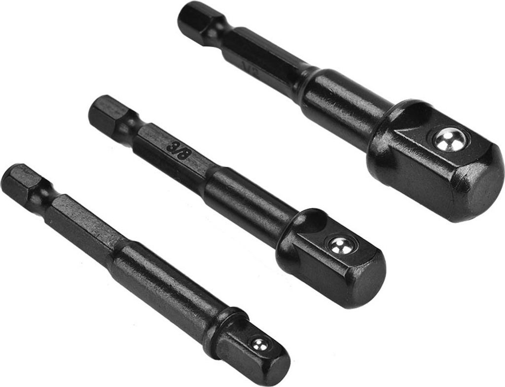3-teiliger schwarzer Stecknuss-Adapter, 1/4 Zoll Sechskantschaft auf 1/4 Zoll, 3/8 Zoll, 1/2 Zoll Vierkantkopf-Bohrer-Bit-Treiber