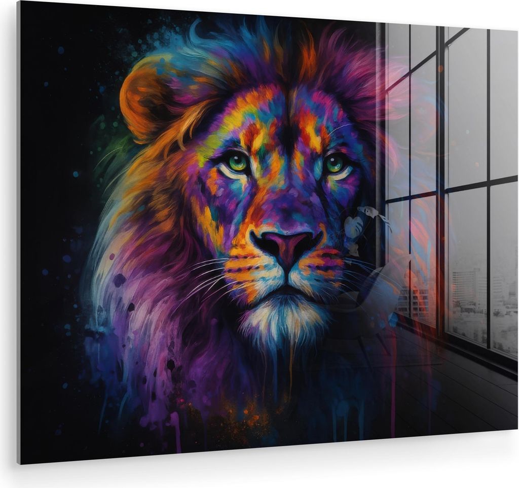 MuchoWow Glasbilder - Bilder auf Wandbild - Foto auf Glas Löwenkopf - Leuchtend bunt - Abstrakt 80x60 cm Wanddekoration aus Glas - Acrylglasbild -...
