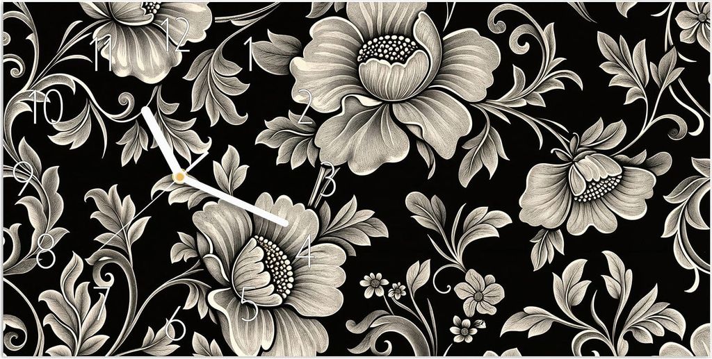 Wanduhr aus Glas mit Motiv Blumenmuster Schwarz- 60 x 30 cm - inkl. Aufhängesystem
