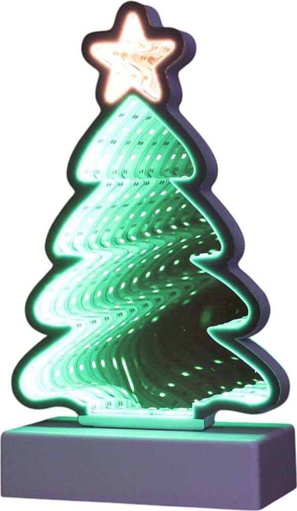 A decorative LED Christmas tree with an infinity mirror effect, standing on a rectangular base.