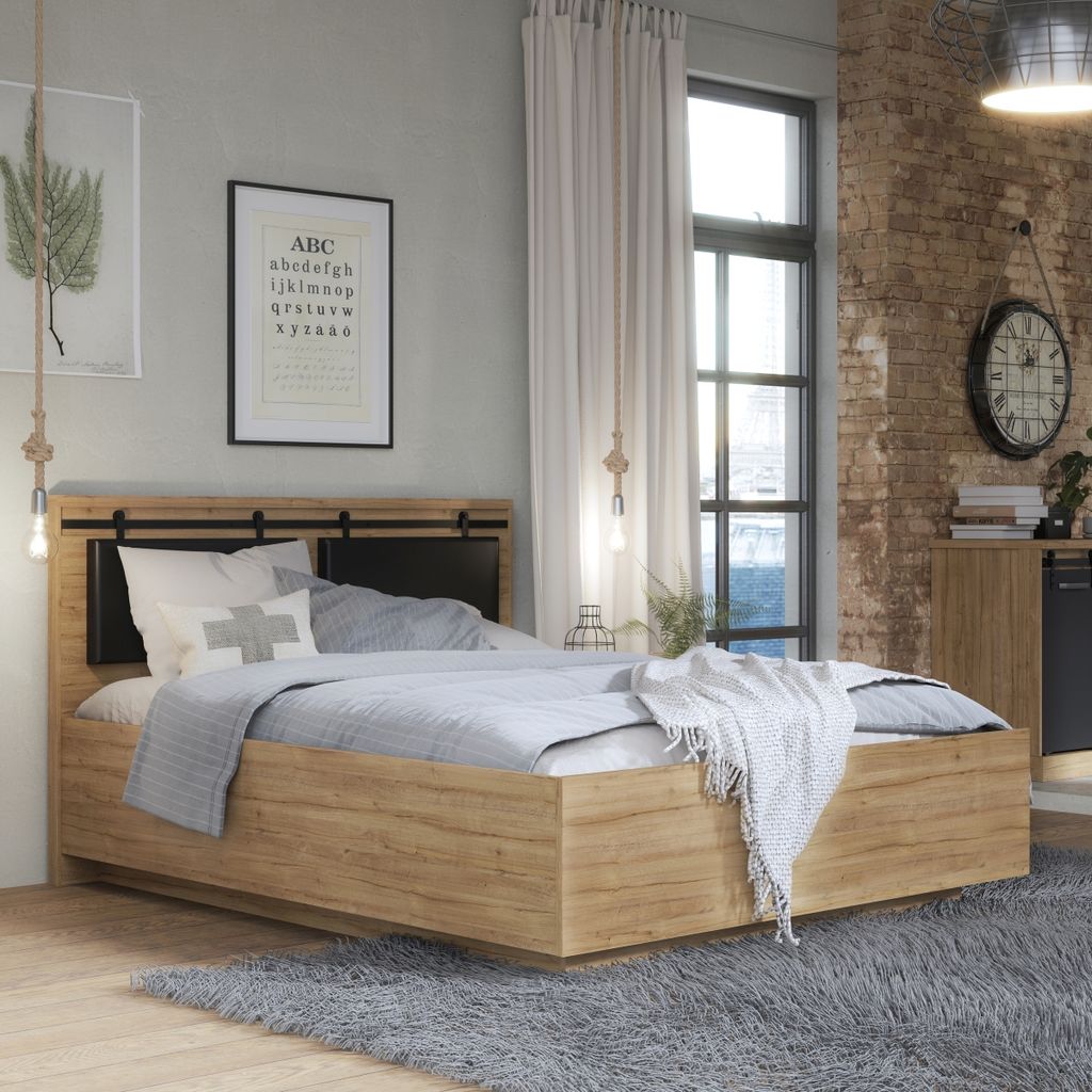 Bett >Kaszimiro< in Waterford Eiche / Schwarz - Produktbild 